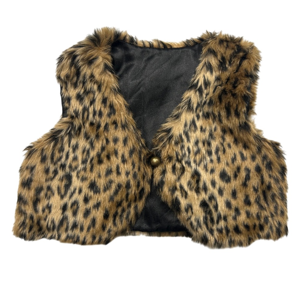 Mob‎ Wife Faux Fur Leopard Print Crop Vest 3T Brown Tan Animal Print Layering